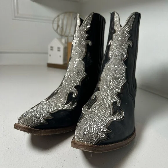 Dan Post Western Ankle Boots Women’s 9.5 Black Leather w/ Silver Inlay Cowboy - Picture 4 of 9